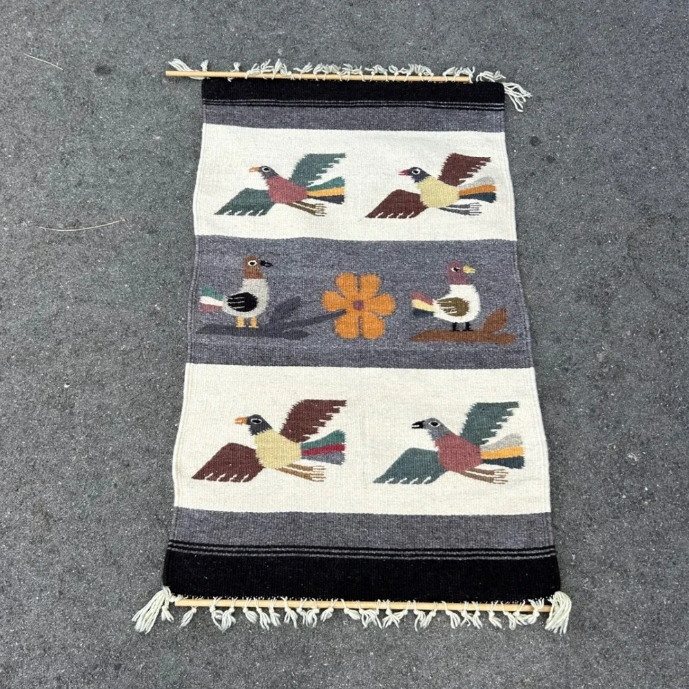 Vintage Handwoven Wool Bird Folk Art Wall Hanging Tapestry with Dowels 15x28